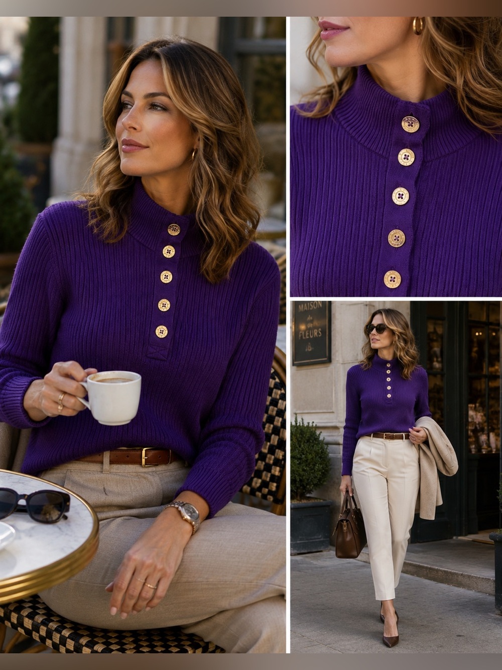 Lauren Ralph Lauren Plum Colour Ribbed Button-Neck Sweater Purple NWT